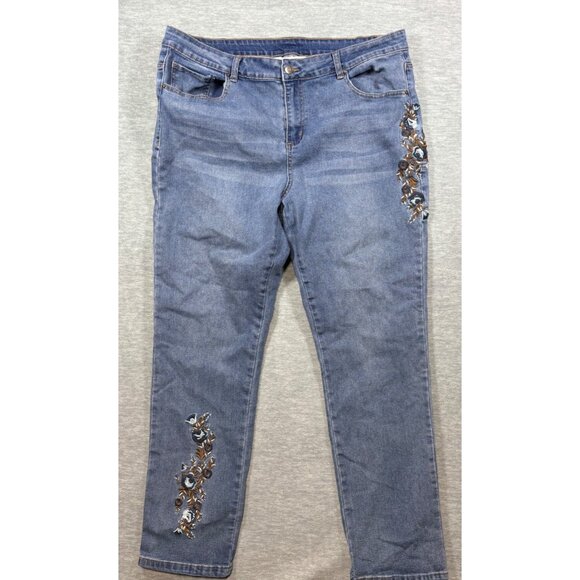 Tantrums Womens Jeans 16 Embroidered Floral Denim Blue Stretch‎ - Picture 1 of 6